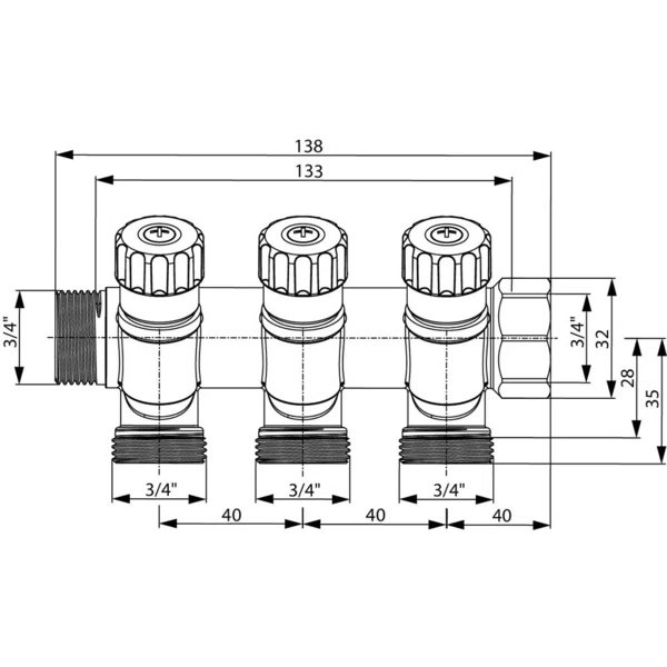 коллектор tece 3/4 вр(г) х 3 выхода 3/4 нр(ш) ек х 3/4 нр(ш) с запорными вентилями (8730007)