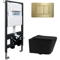 Комплект инсталляция с унитазом Abber AC1201MB-AC0105-AC0120MMG с кнопкой смыва, золотой матовый + унитаз подвесной Abber Rechteck безободковый, с сиденьем микролифт, черный матовый
