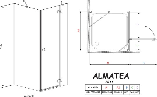 душевой уголок radaway almatea kdj 120 r×80 графитовое