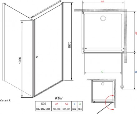 душевой уголок radaway eos kdj 80x100 прозрачное стекло r