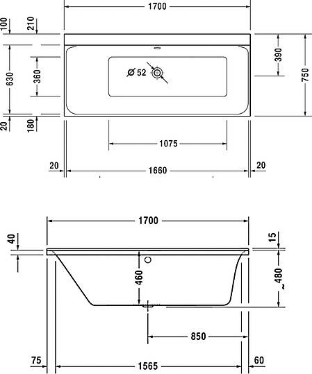 акриловая ванна duravit p3 comforts 170x75 (700375)