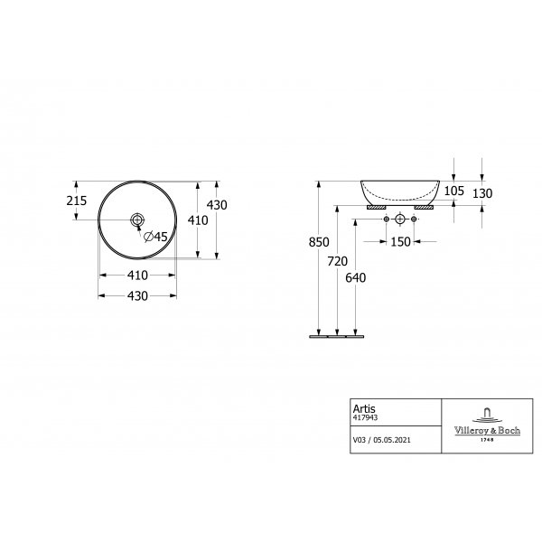 раковина villeroy & boch artis 417943bct6 накладная, ø43 см, full moon (полнолуние) с покрытием ceramicplus