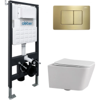 Комплект инсталляция с унитазом Abber AC1201-AC0105-AC0120MMG с кнопкой смыва, золотой матовый + унитаз подвесной Abber Rechteck безободковый, с сиденьем микролифт, белый