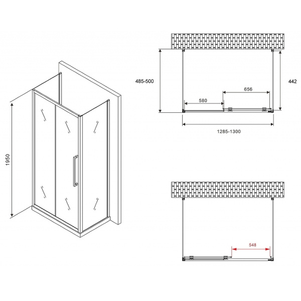 душевой уголок abber schwarzer diamant 130x50 ag30130bхh-s50b-s50b профиль черный, стекло прозрачное