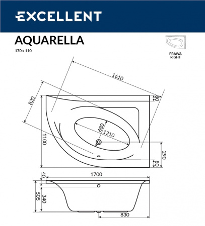 акриловая ванна excellent aquarella 170x110 (правая) "ultra" цвет золото