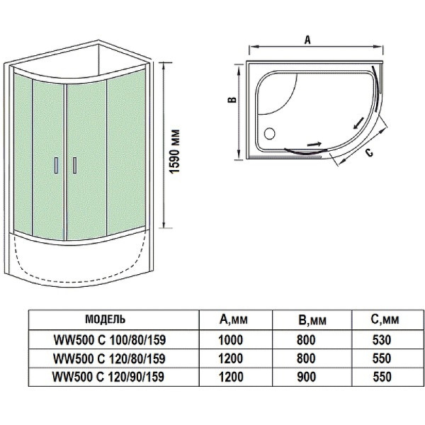 душевой уголок weltwasser ww500 с 120×90 10000004109 профиль хром матовый, стекло прозрачное