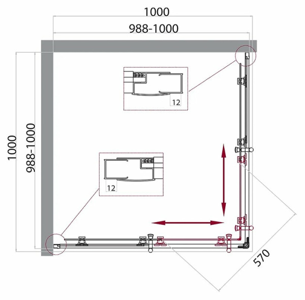 душевой уголок belbagno uno 100×100 uno-195-a-2-100-c-nero профиль черный матовый, стекло прозрачное