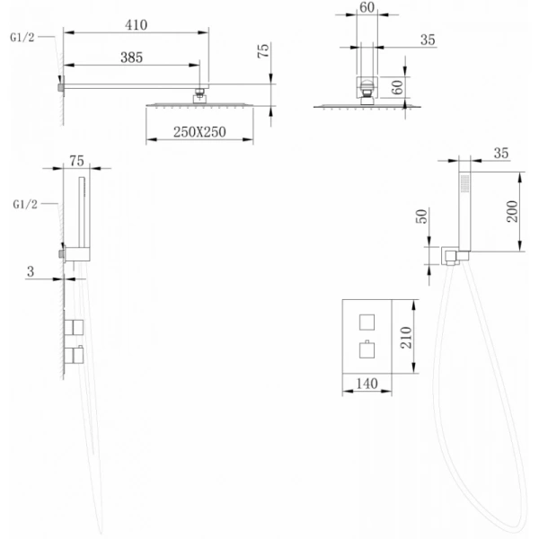 душевой комплект abber daheim af8251w 250 мм, с термостатом, белый матовый