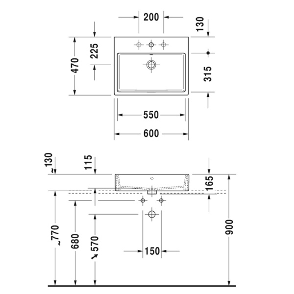 duravit vero air раковина 600мм, с переливом, с площадкой, с 3 отв. под смеситель, на столешницу, белая