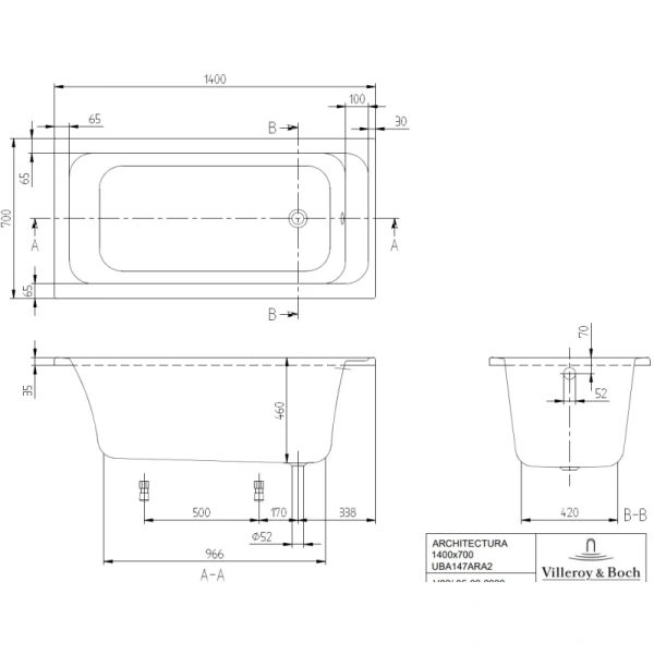 акриловая ванна 140x70 см villeroy & boch architectura uba147ara2v-01
