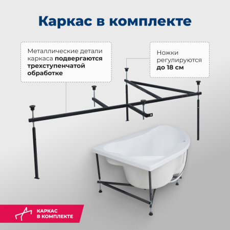 акриловая ванна aquanet capri 160x100 r 00205386 с каркасом, цвет белый