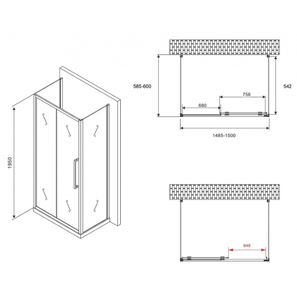 душевой уголок abber schwarzer diamant 150x60 ag30150mхh-s60m-s60m профиль хром, стекло матовое