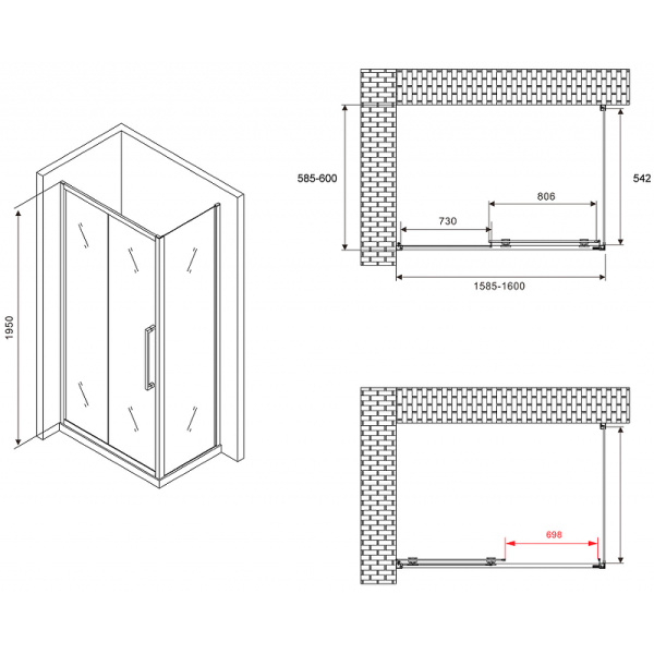 душевой уголок abber schwarzer diamant 160x60 ag30160bхh-s60b профиль черный, стекло прозрачное