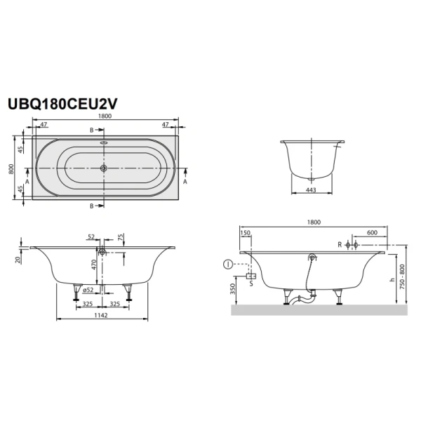 квариловая ванна 180x80 см альпийский белый villeroy & boch cetus ubq180ceu2v-01