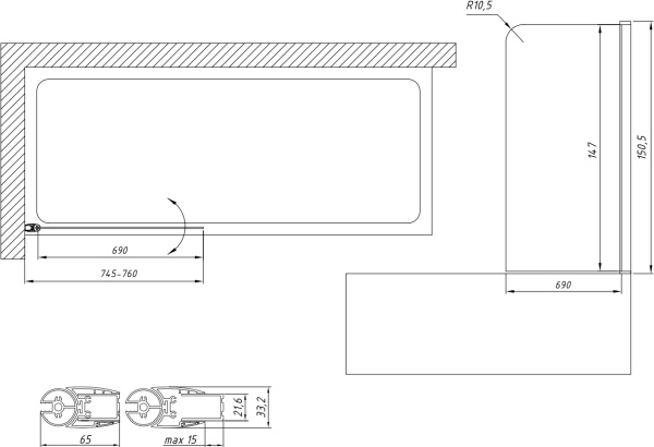 шторка на ванну vegas glass evux 75 05 02 профиль бронза, стекло шиншилла