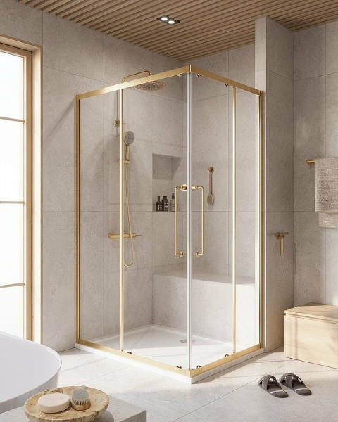 душевой уголок cezares relax-304 120x90 relax-304-ah-2-120/90-c-boro профиль брашированное золото стекло прозрачное