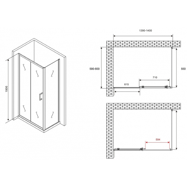 душевой уголок abber schwarzer diamant 140x60 ag30140b5-s60b5 профиль черный, стекло прозрачное