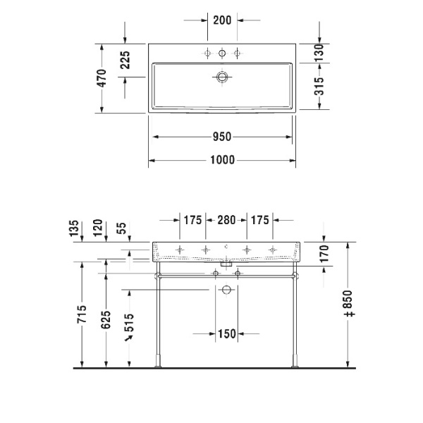duravit vero air раковина 100cm, с переливом, с площадкой, c 2 отв. под смеситель, белая