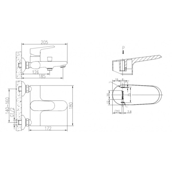 смеситель для ванны с душем bravat pure f6105161c-01