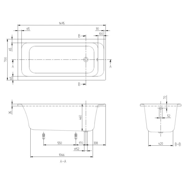 акриловая ванна 149,5x70 см villeroy & boch architectura uba157ara2v-01
