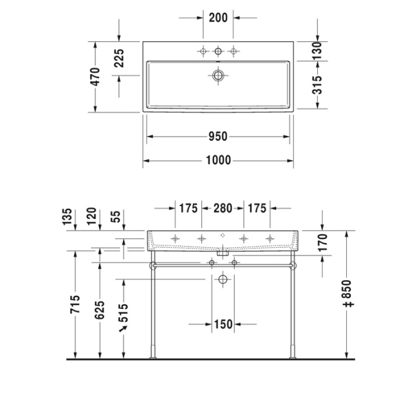 duravit vero air раковина 100cm, без перелива, с площадкой, с 2 отв. под смеситель, на столешницу, белая