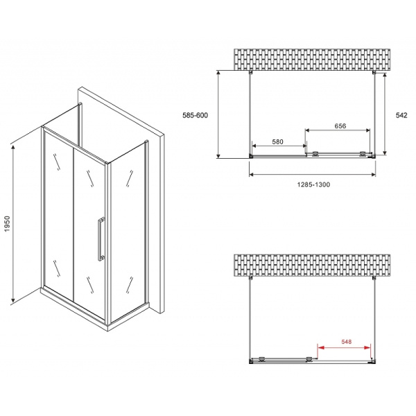 душевой уголок abber schwarzer diamant 130x60 ag30130mхh-s60m-s60m профиль хром, стекло матовое