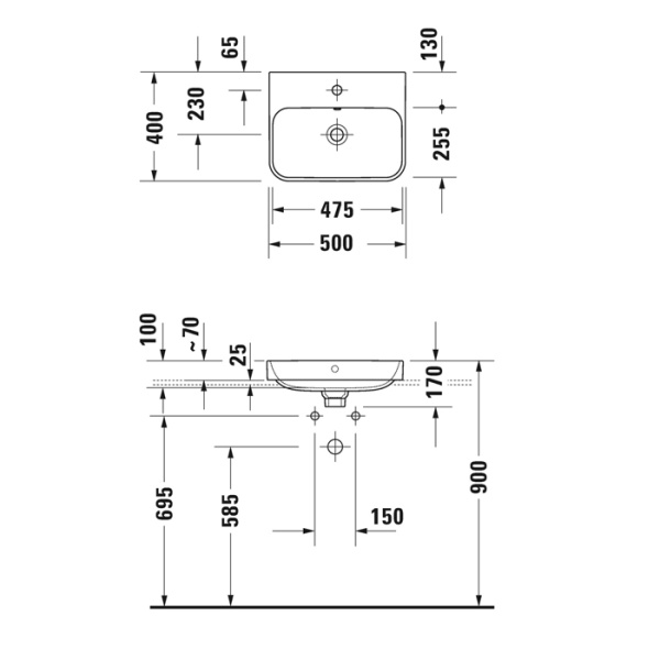 раковина duravit happy d.2 plus 500х400мм с переливом, 1 отв под смес, с креплением, выпуск с керам. покрытием цвет anthracite matt/белый