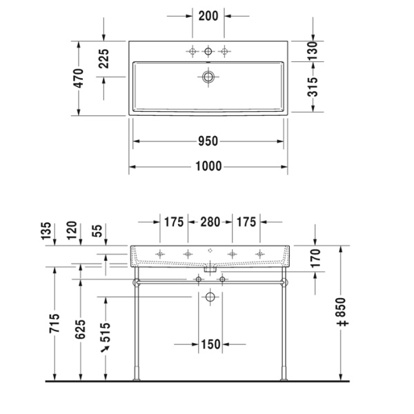 duravit vero air раковина 100cm, с переливом, с площадкой, без отв. под смеситель, белая