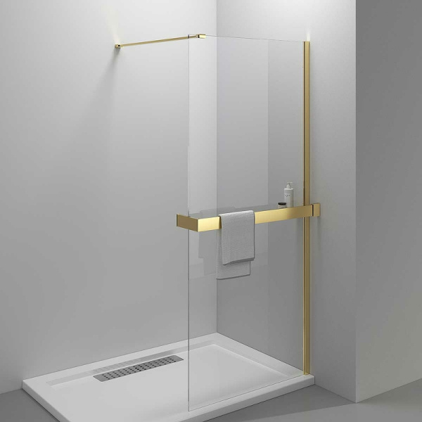 душевая перегородка vincea walk-in hr 90 vsw-4hr900clg профиль брашированное золото, стекло прозрачное