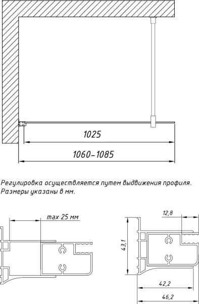 душевая перегородка vegas glass eaf 106 05 05 профиль бронза, стекло бронза