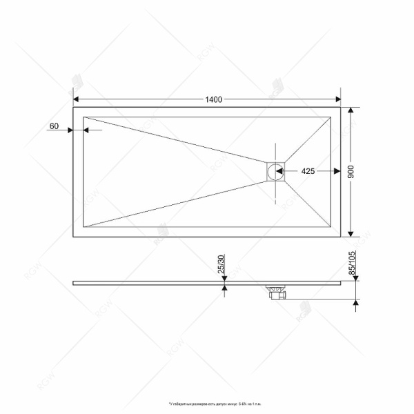 душевой поддон из искусственного камня rgw stt st-0149g 90×140×2,5 серый