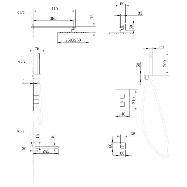 душевой комплект abber daheim af8250ng 250 мм, с термостатом, никель