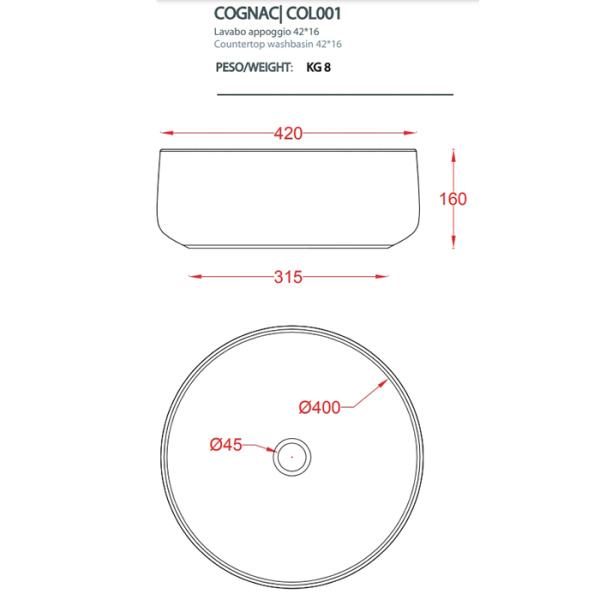 раковина artceram cognac col001 41 34 накладная, без отв., без перелива, на столешницу, saniglaze, ø42xh16 см, matera