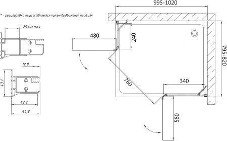 душевой уголок vegas glass afa-f 100*80 07 01 профиль матовый хром, стекло прозрачное