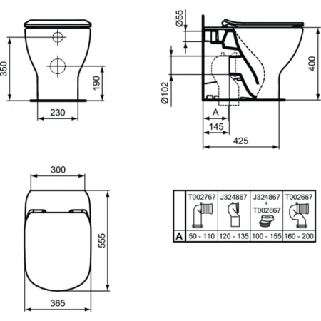 унитаз приставной ideal standard tesi aquablade t0077v3 без крышки-сиденья
