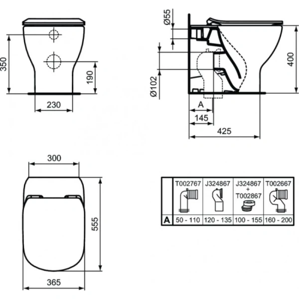 унитаз приставной ideal standard tesi aquablade t0077v3 без крышки-сиденья