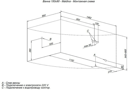акриловая ванна aquanet maldiva 150x90 r 205445 с каркасом, цвет белый.