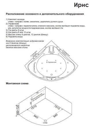акриловая ванна bas ирис 150х150 (вг00086), гидромассажная
