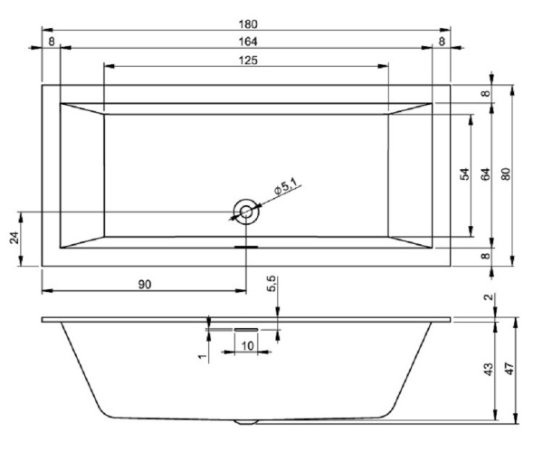 акриловая ванна riho rething cubic 180x80 см, заполнение через перелив, белая матовая, br08c1500000000