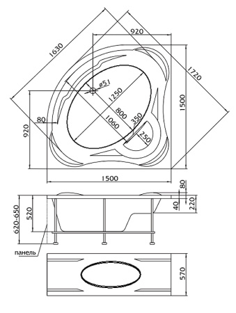 каркас для ванны 1marka afrodita/palermo/ibiza 150x150 r/l 03афр1515 черный