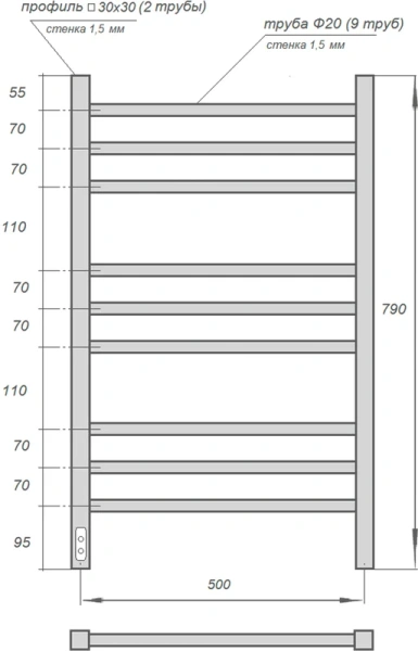 полотенцесушитель point веста pn70758br электрический, 50x80 см, бронзовый