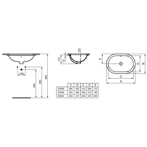 раковина встраиваемая ideal standard connect 62x41 e505001