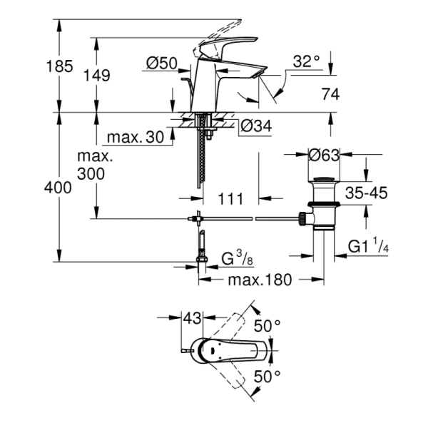 смеситель для раковины с донным клапаном grohe eurosmart 23965003