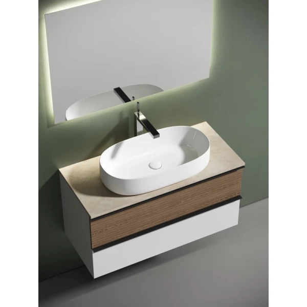 тумба с раковиной sancos delta dl100w + tt100a2x + cn5022 100 см, подвесная, со столешницей, светлый дуб/белый матовый