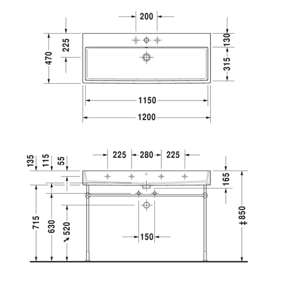 duravit vero air раковина 120 cm, с переливом, с площадкой, без отв. под смеситель, на столешницу, белая