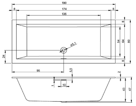 акриловая ванна riho rething cubic 190x80 см, заполнение через перелив, белая глянцевая, br10c0500000000