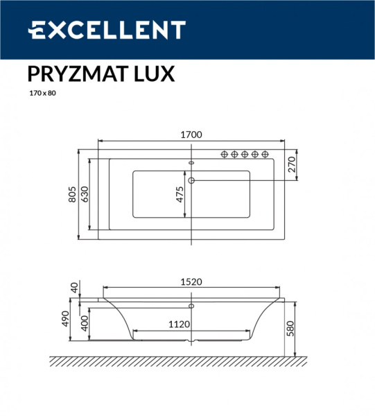 акриловая ванна excellent pryzmat lux 170x80 см waex.prl17wh