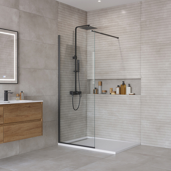 душевая перегородка belbagno kraft 80 kraft-l-1-80-c-nero профиль черный матовый стекло прозрачное