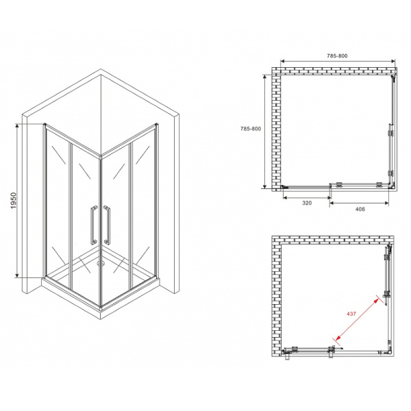 душевой уголок abber schwarzer diamant 80×80 ag02080bmхh профиль черный, стекло матовое