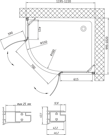 душевой уголок vegas glass afs-f 120*100 09 01 профиль золото, стекло, стекло прозрачное